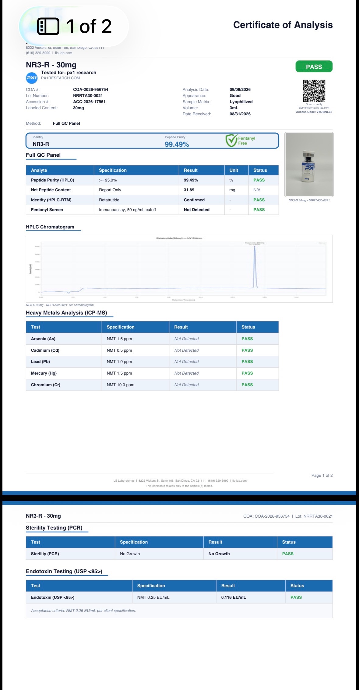 RT3 Certificate of Analysis